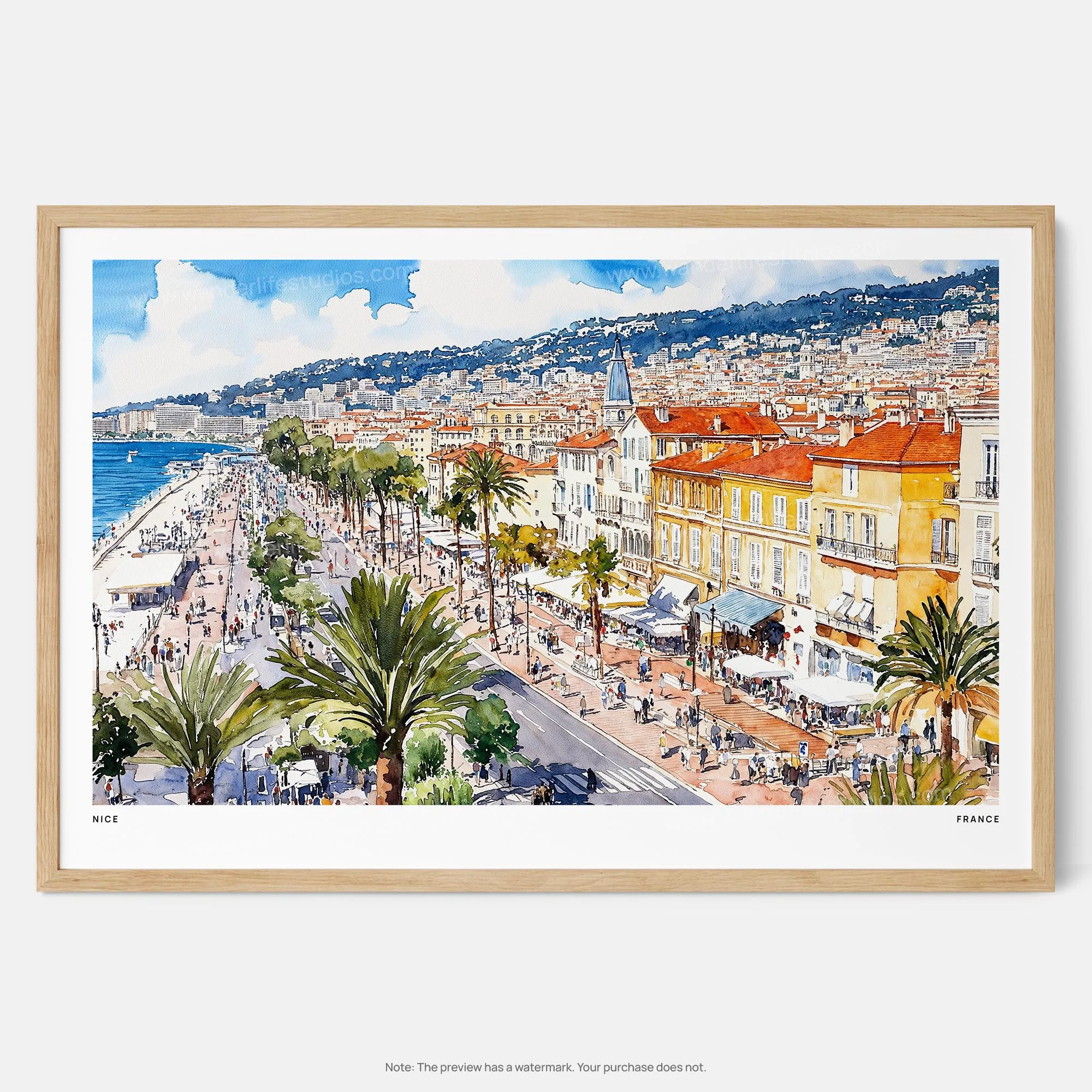 Nice, France Watercolor Art Print – Coastal Cityscape Wall Art