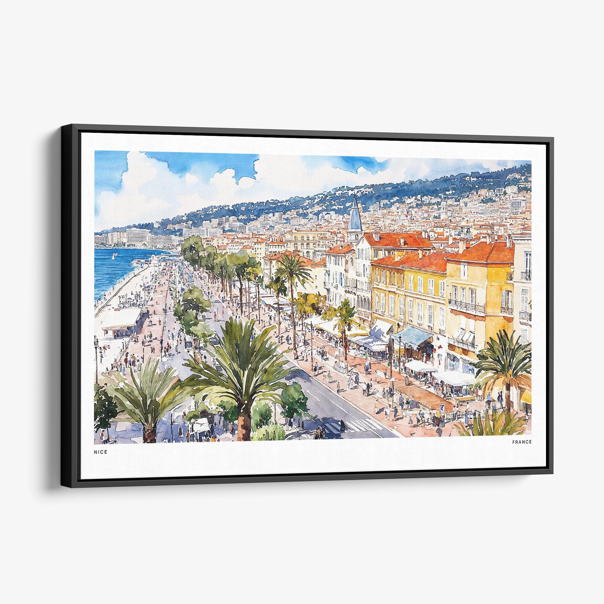 Nice, France Watercolor Canvas Print – Coastal Scene with Palm Trees 2 Nice, France Watercolor Canvas Print – Coastal Scene with Palm Trees