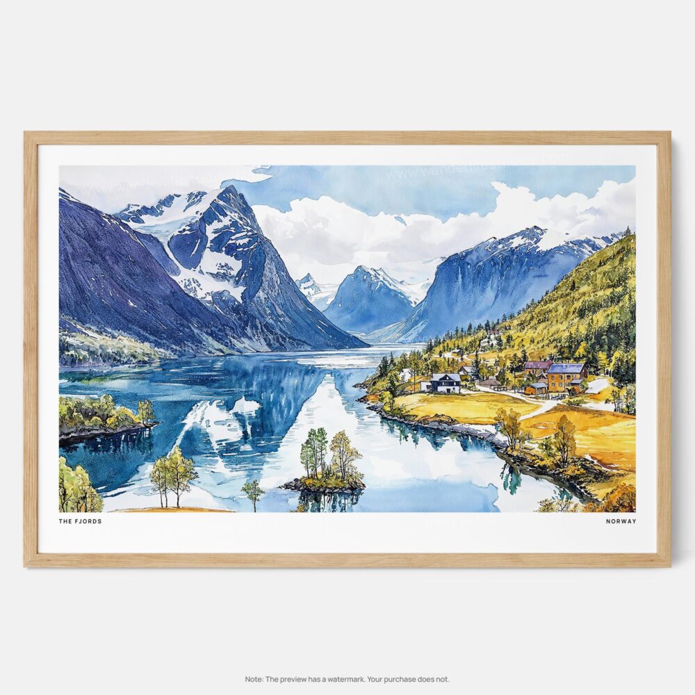 01 - Framed Norway Fjords Watercolor - Horizontal Art Print - Main.jpg 01 - Framed Norway Fjords Watercolor - Horizontal Art Print - Main.jpg