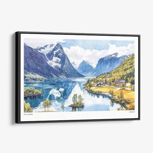 01 - Framed Norway Fjords Watercolor - Horizontal Canvas Print - Main.jpg