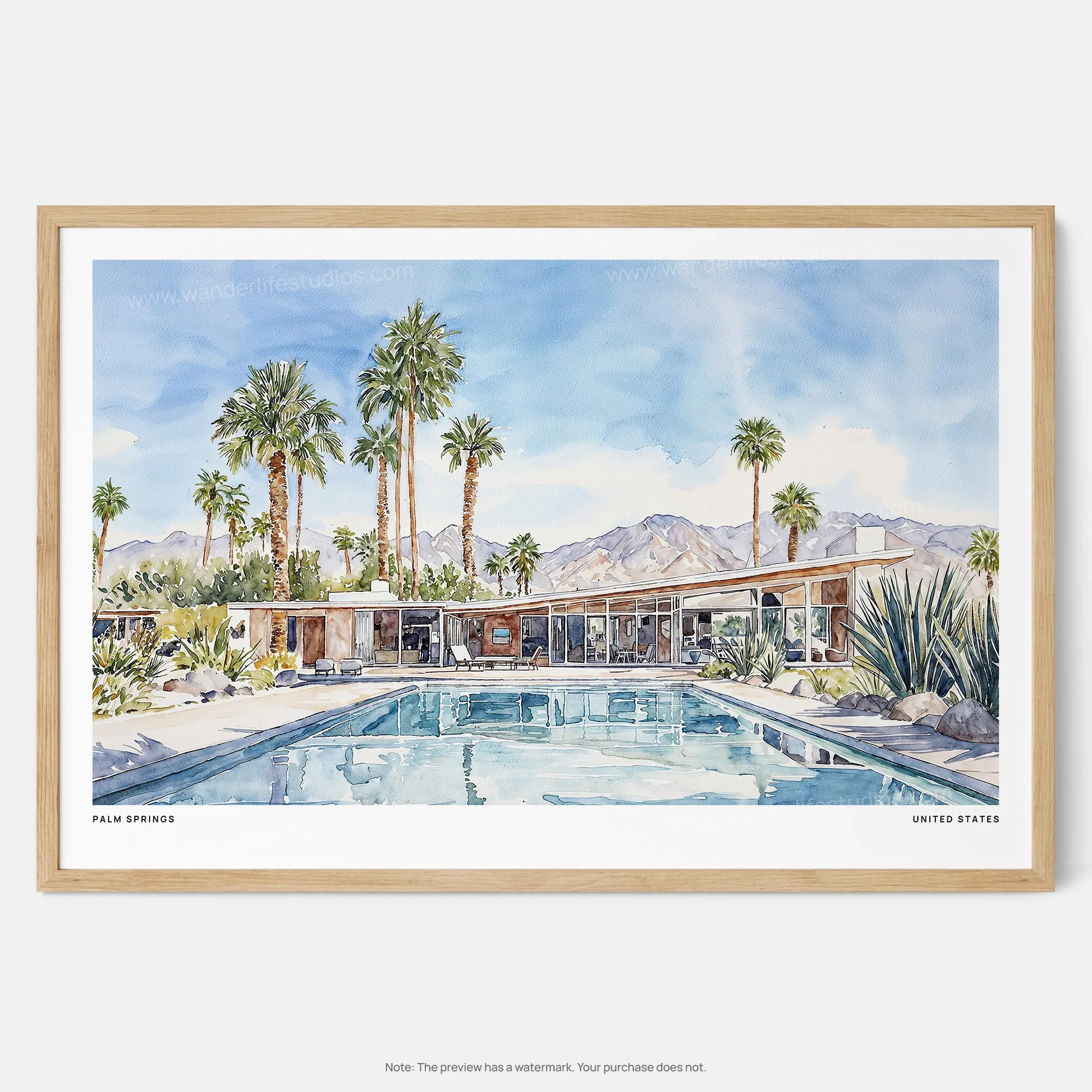 Palm Springs Watercolor Art Print – Mid-Century Modern Poolside Landscape