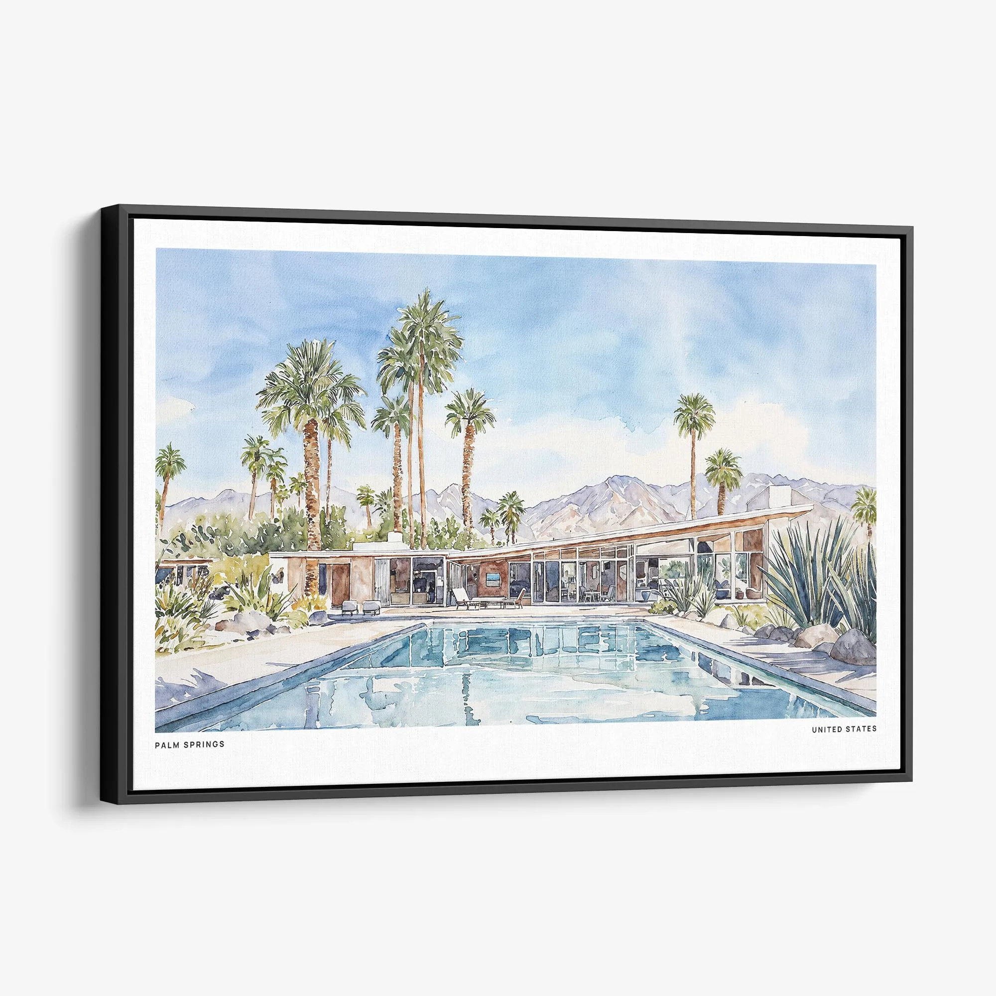 Palm Springs Watercolor Canvas Print – Mid-Century Modern Poolside Art