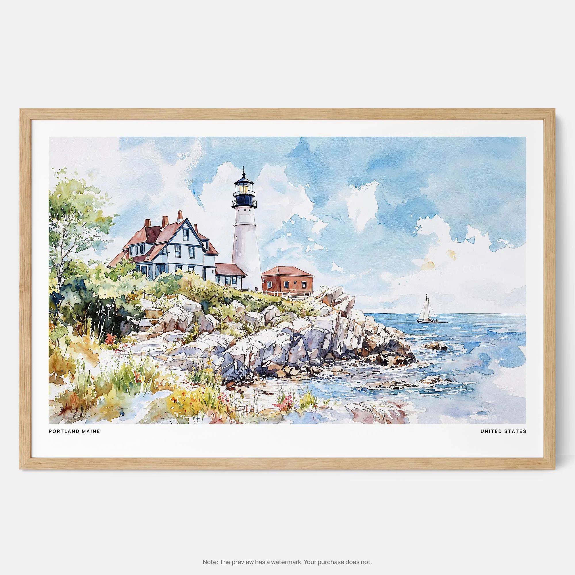Portland Maine Lighthouse Watercolor Art Print – Coastal Landscape Wall Art