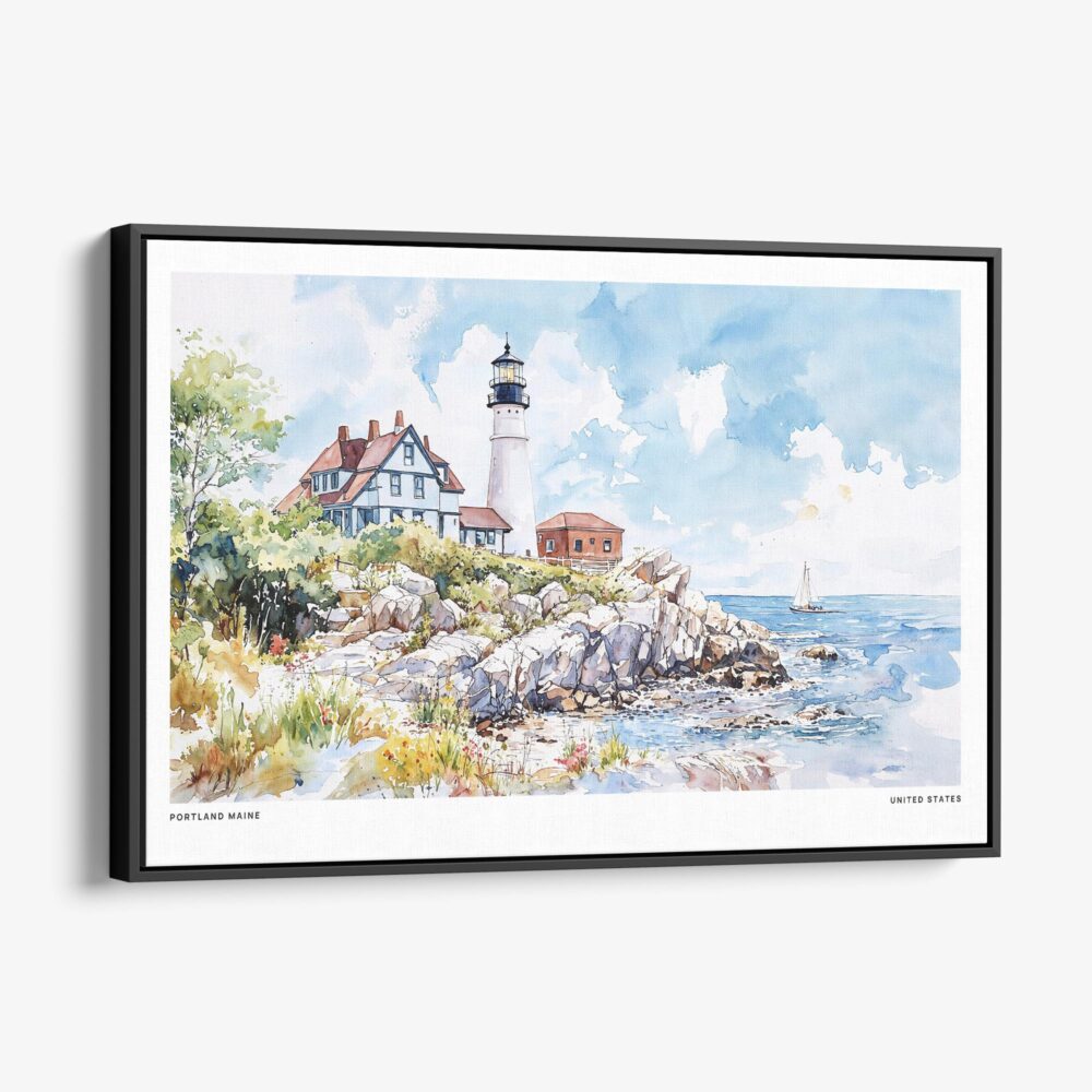 01 - Framed Portland Maine Lighthouse Watercolor - Horizontal Canvas Print - Main.jpg 01 - Framed Portland Maine Lighthouse Watercolor - Horizontal Canvas Print - Main.jpg
