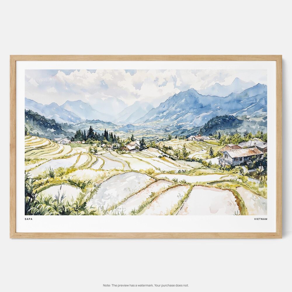01 - Framed Sapa Valley Vietam Watercolor - Horizontal Art Print - Main.jpg 01 - Framed Sapa Valley Vietam Watercolor - Horizontal Art Print - Main.jpg