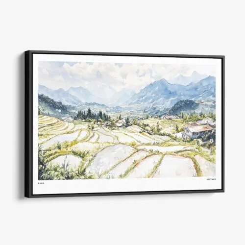 01 - Framed Sapa Valley Vietam Watercolor - Horizontal Canvas Print - Main.jpg
