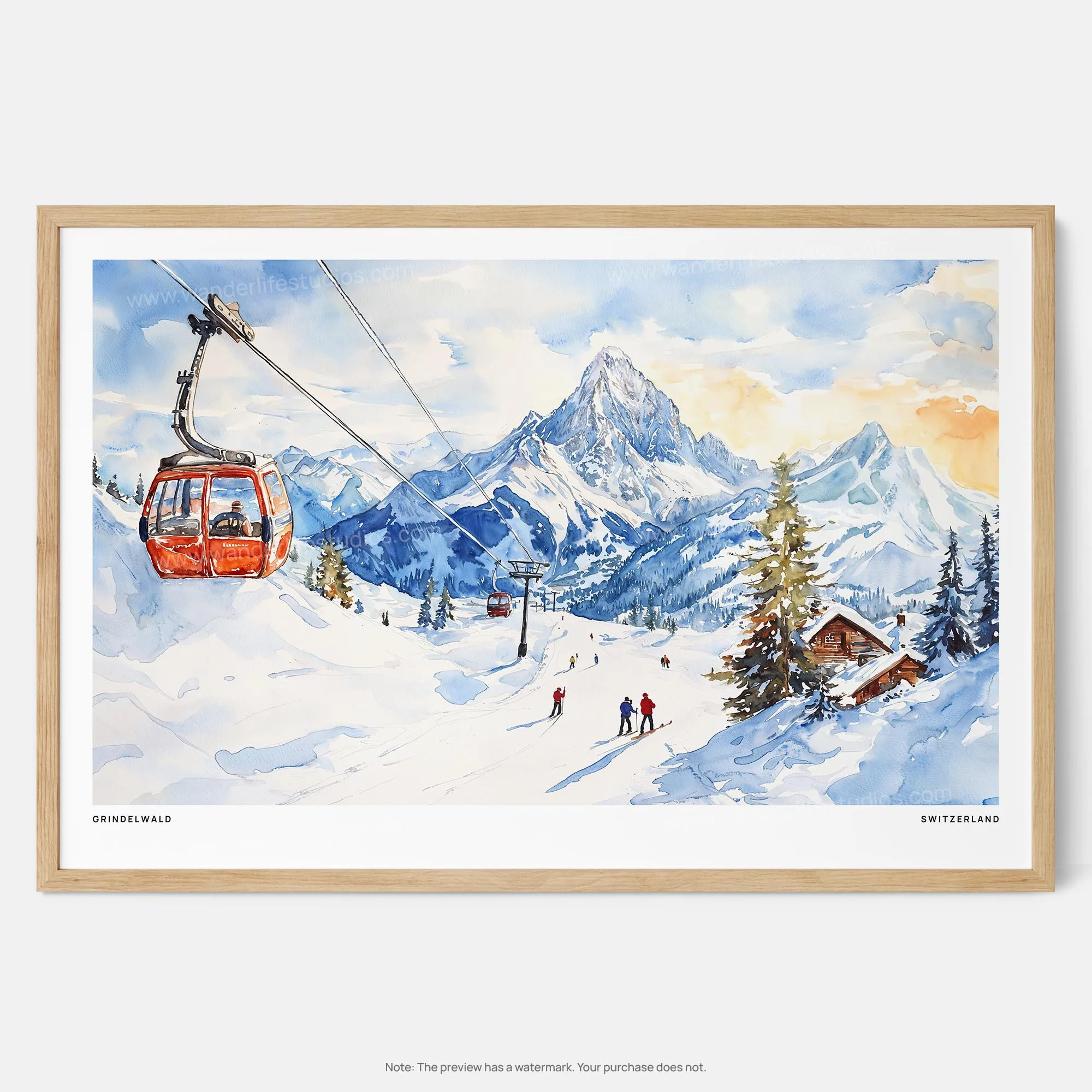 Grindelwald Ski Resort Watercolor Art Print – Snowy Mountain