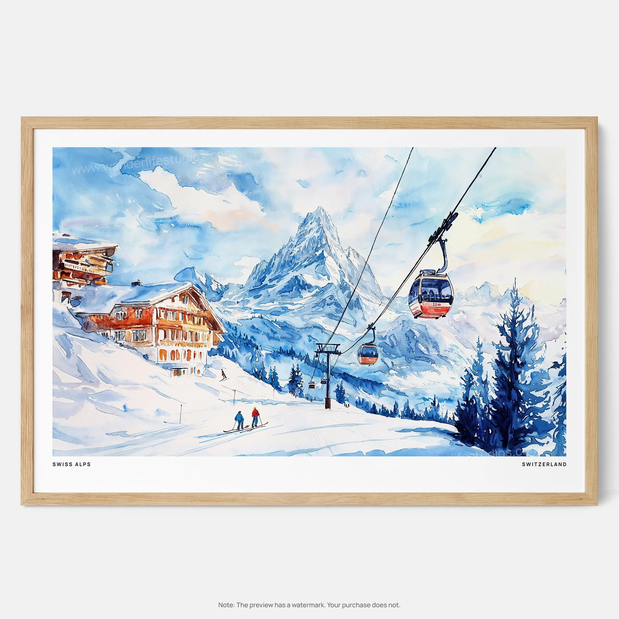 Swiss Alps Watercolor Art Print – Scenic Skiing Landscape Wall Art