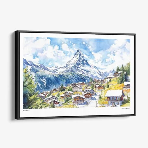 01 - Framed Zermatt Watercolor - Horizontal Canvas Print - Main.jpg