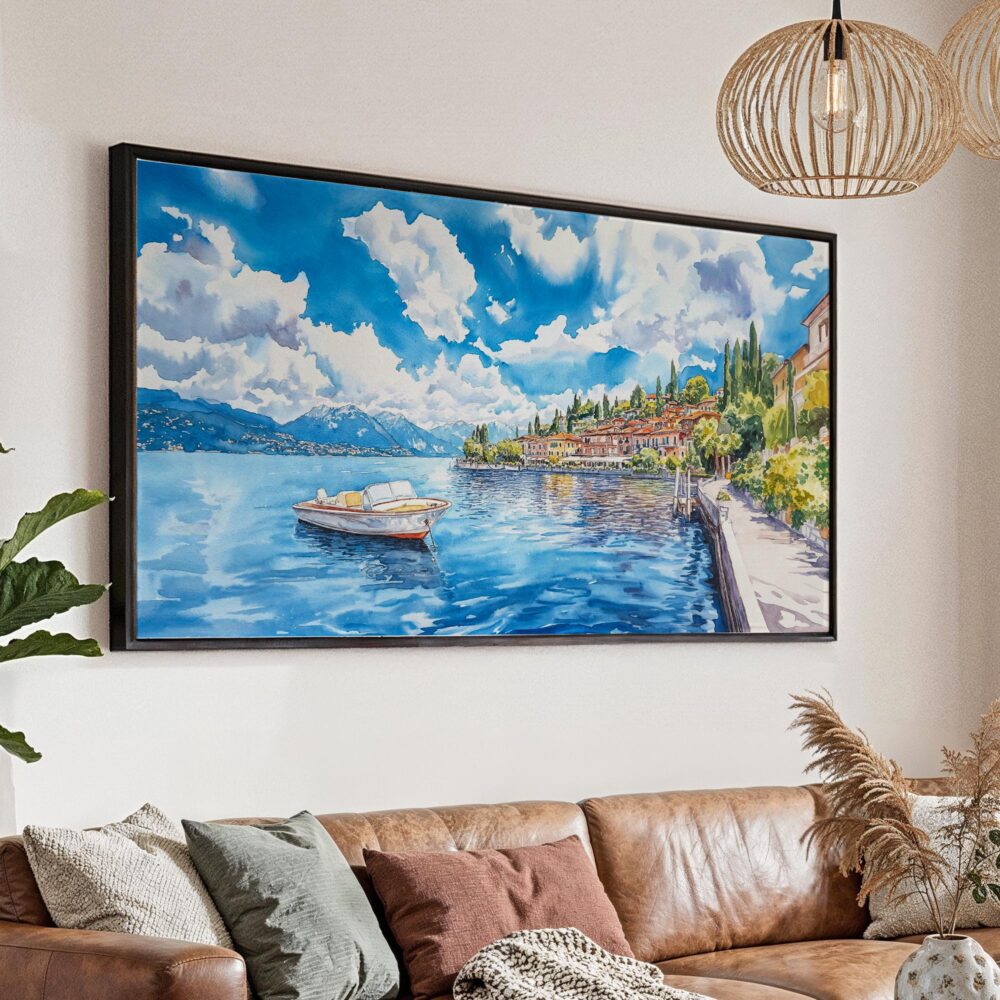 01 - Lake Como Italy Watercolor - Panorama Canvas Print with Black Floater Frame - Main.jpg 01 - Lake Como Italy Watercolor - Panorama Canvas Print with Black Floater Frame - Main.jpg