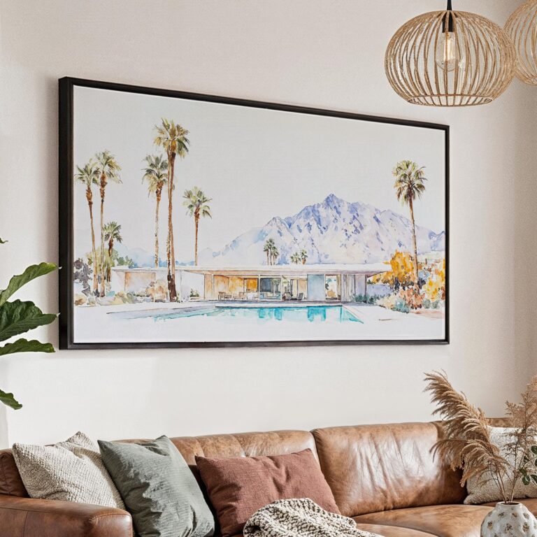 01 - Minimal Palm Springs Watercolor - Panorama Canvas Print with Black Floater Frame - Main.jpg