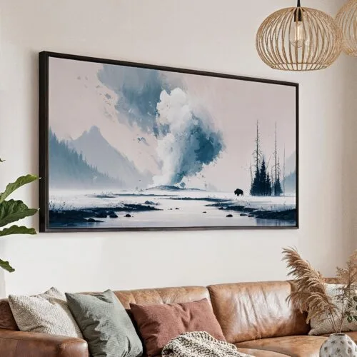 01 - Minimal Yellowstone Watercolor - Panorama Canvas Print with Black Floater Frame - Main.jpg