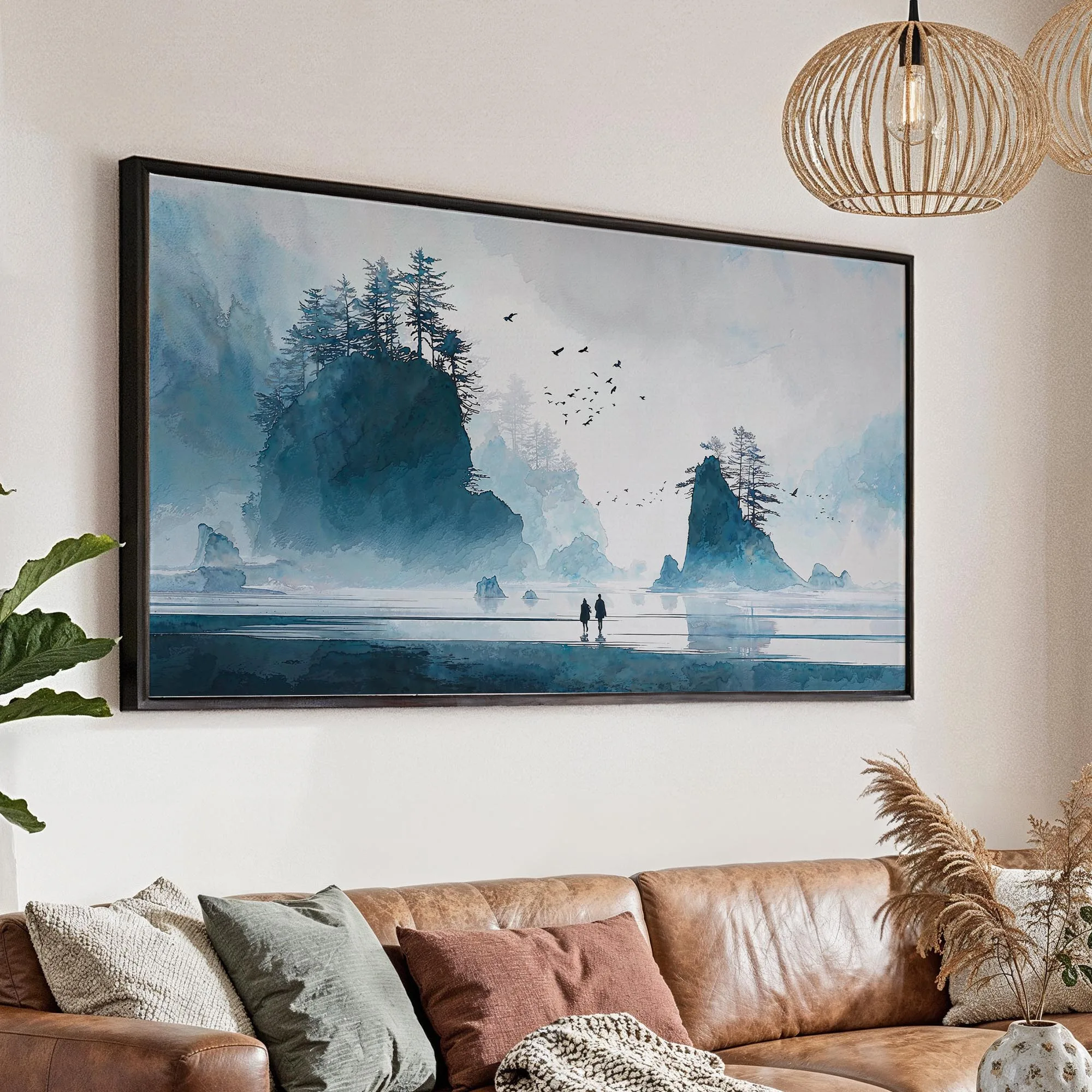 Misty Olympic National Park Panorama Canvas Print – Wide Watercolor Landscape Wall Art