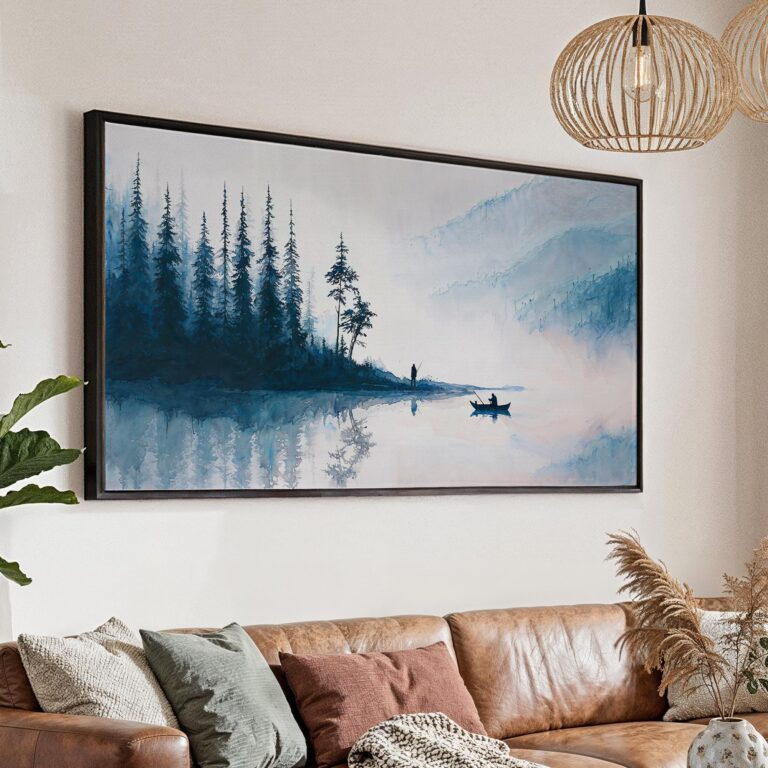 01 - Morning Fishing Watercolor - Panorama Canvas Print with Black Floater Frame - Main.jpg