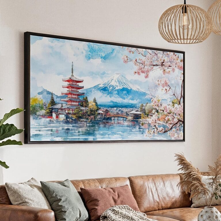 01 - Mount Fuji Japan Watercolor - Panorama Canvas Print with Black Floater Frame - Main.jpg