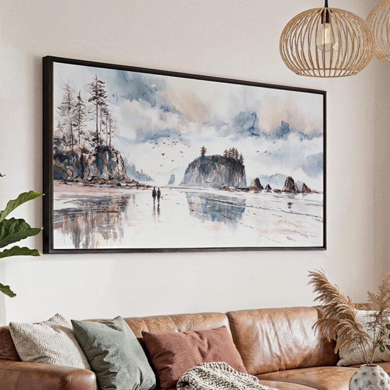 01 - Olympic National Park Coastal Walk Watercolor - Panorama Canvas Print with Black Floater Frame - Main.jpg