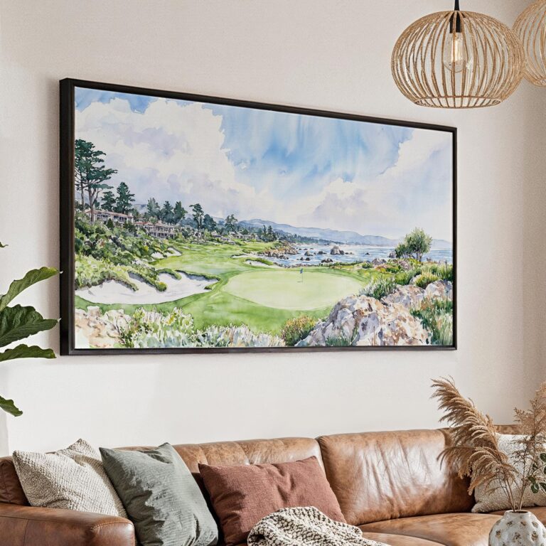 01 - Pebble Beach Watercolor - Panorama Canvas Print with Black Floater Frame - Main.jpg