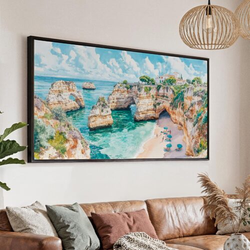 New products 5 01 - Portugal Algarve Watercolor - Panorama Canvas Print with Black Floater Frame - Main.jpg