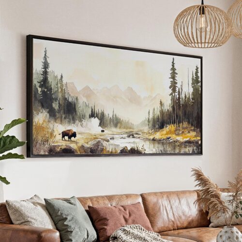 01 - Warm Yellowstone with Bison Watercolor - Panorama Canvas Print with Black Floater Frame - Main.jpg