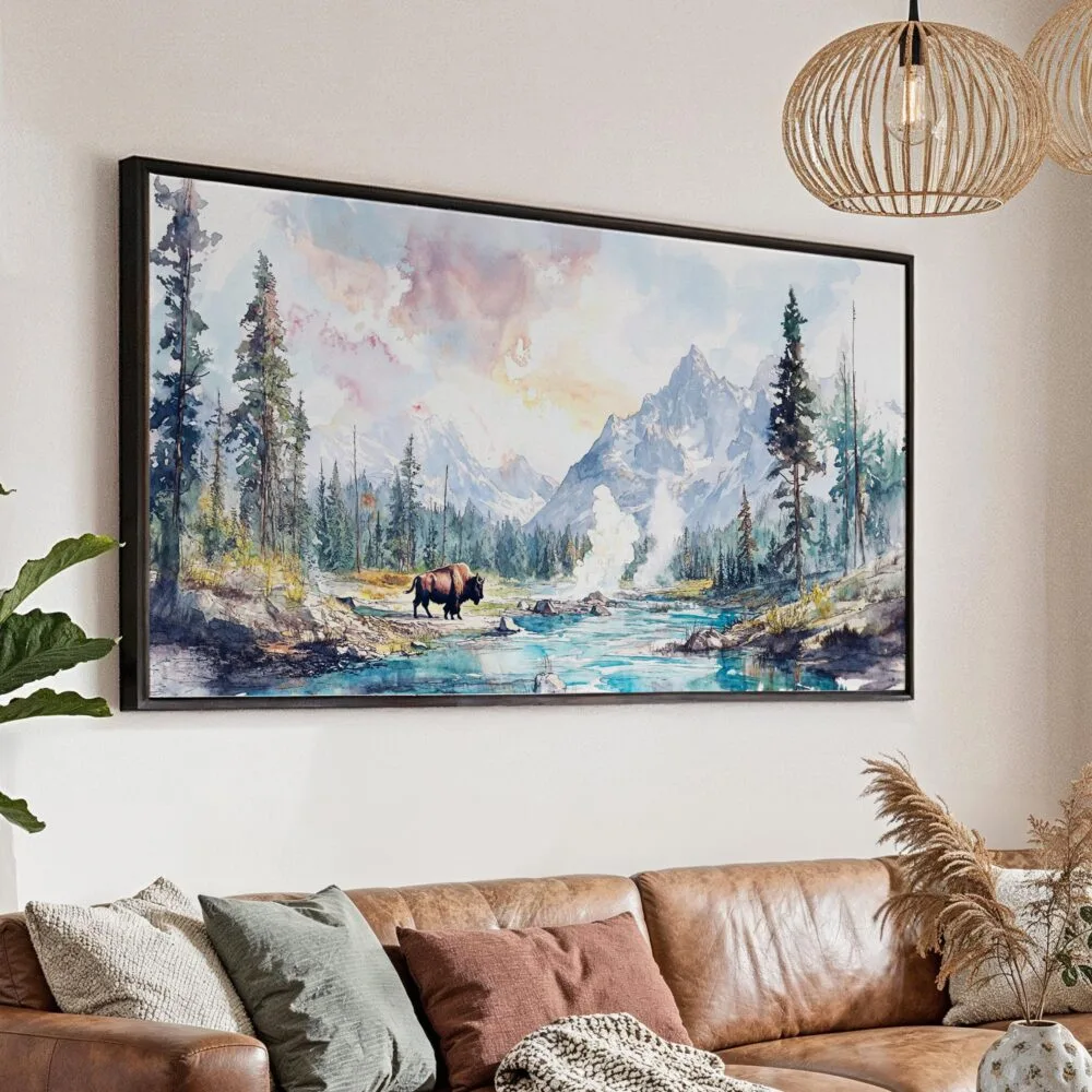 01 - Yellowstone Watercolor - Panorama Canvas Print with Black Floater Frame - Main.jpg