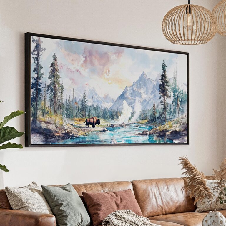 01 - Yellowstone Watercolor - Panorama Canvas Print with Black Floater Frame - Main.jpg