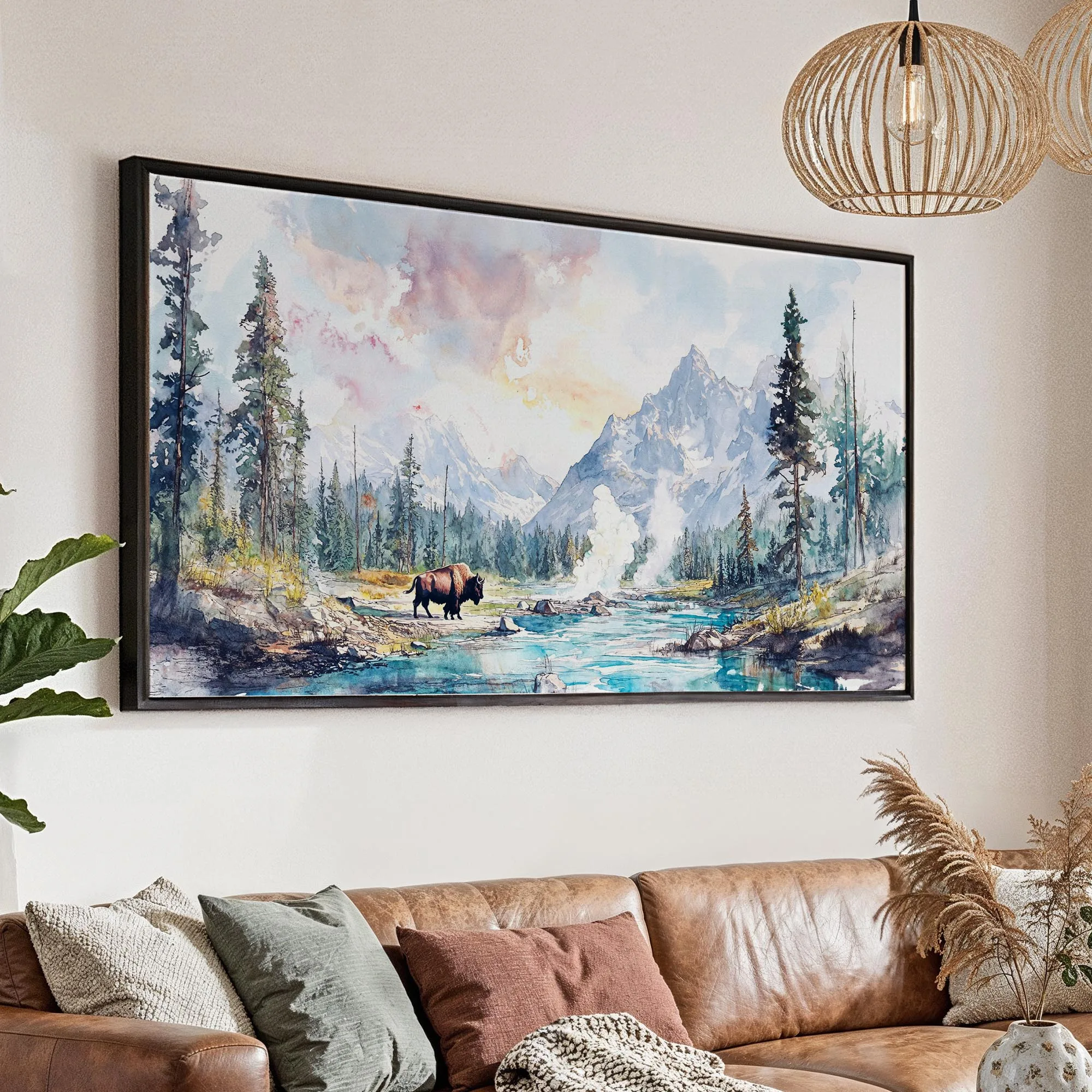 Yellowstone Watercolor Panorama Canvas Print – Vibrant Landscape Wall Art