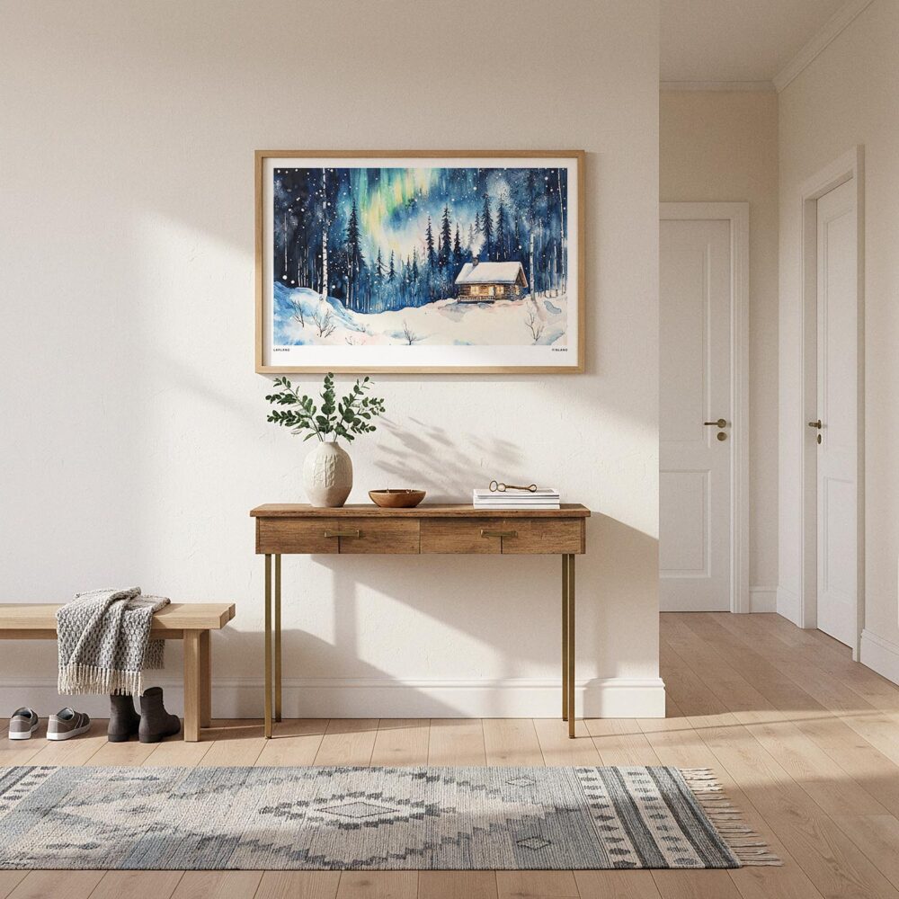 02 - A Framed Finland Lapland Aurora Watercolor - Horizontal Art Print hanging in Hallway.jpg 02 - A Framed Finland Lapland Aurora Watercolor - Horizontal Art Print hanging in Hallway.jpg