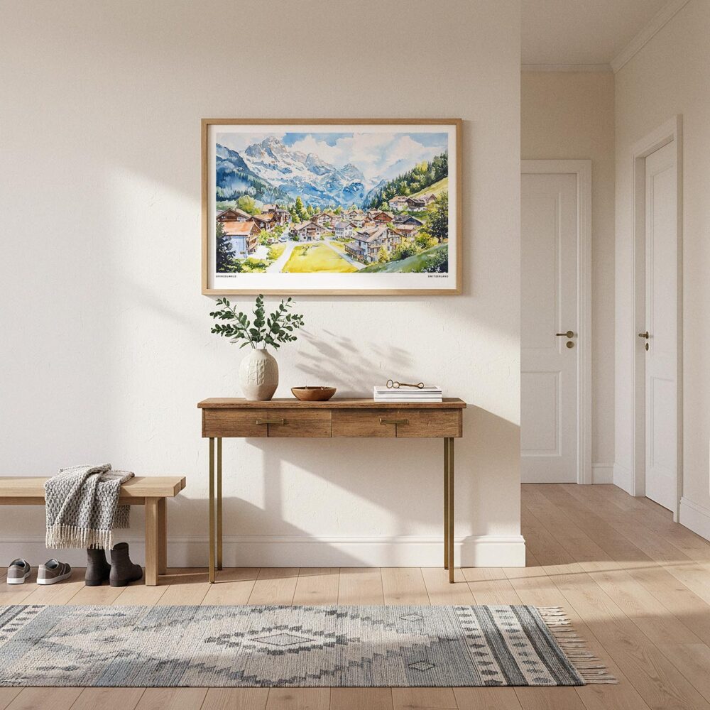 02 - A Framed Grindelwald Watercolor - Horizontal Art Print hanging in Hallway.jpg 02 - A Framed Grindelwald Watercolor - Horizontal Art Print hanging in Hallway.jpg