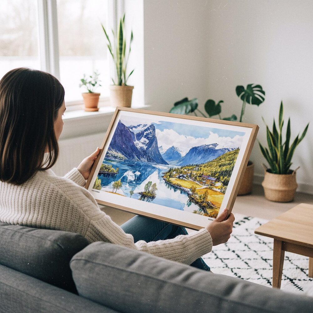 02 - A Woman Holding A Framed Norway Fjords Watercolor - Horizontal Art Print.jpg 02 - A Woman Holding A Framed Norway Fjords Watercolor - Horizontal Art Print.jpg