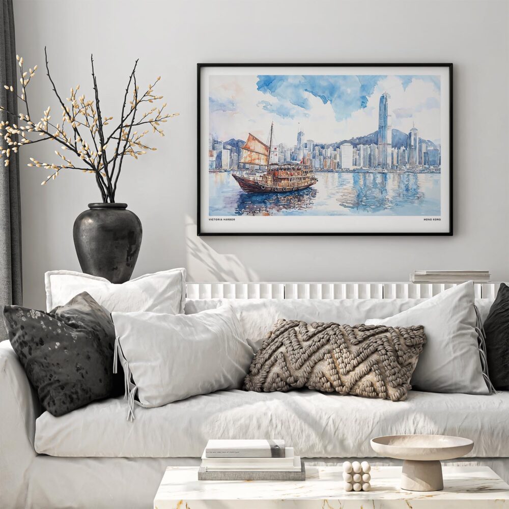 02 - Black Framed Hong Kong Watercolor - Horizontal Art Print in Scandi Living Room Above Couch.jpg 02 - Black Framed Hong Kong Watercolor - Horizontal Art Print in Scandi Living Room Above Couch.jpg