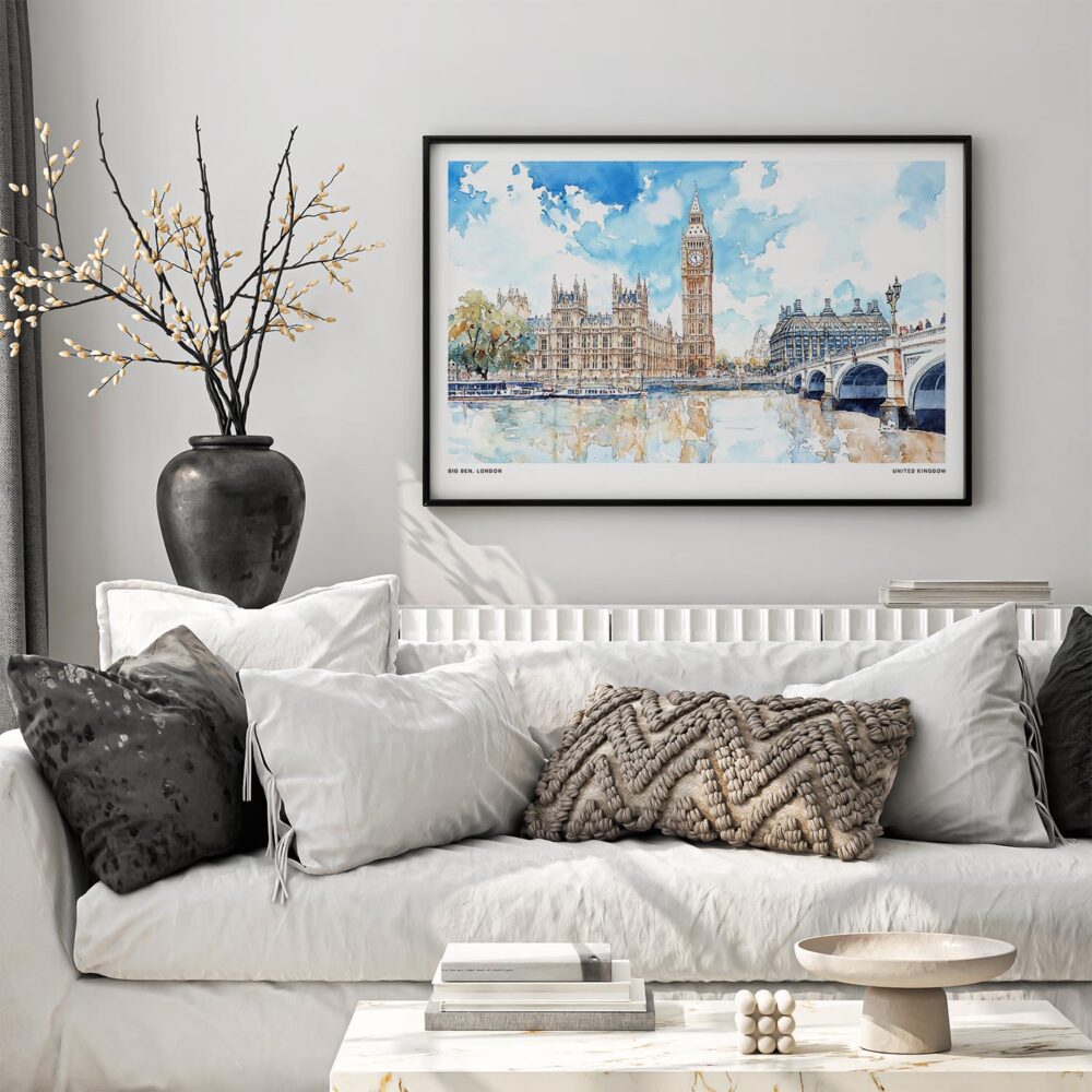 02 - Black Framed London Big Ben Watercolor - Horizontal Art Print in Scandi Living Room Above Couch.jpg 02 - Black Framed London Big Ben Watercolor - Horizontal Art Print in Scandi Living Room Above Couch.jpg