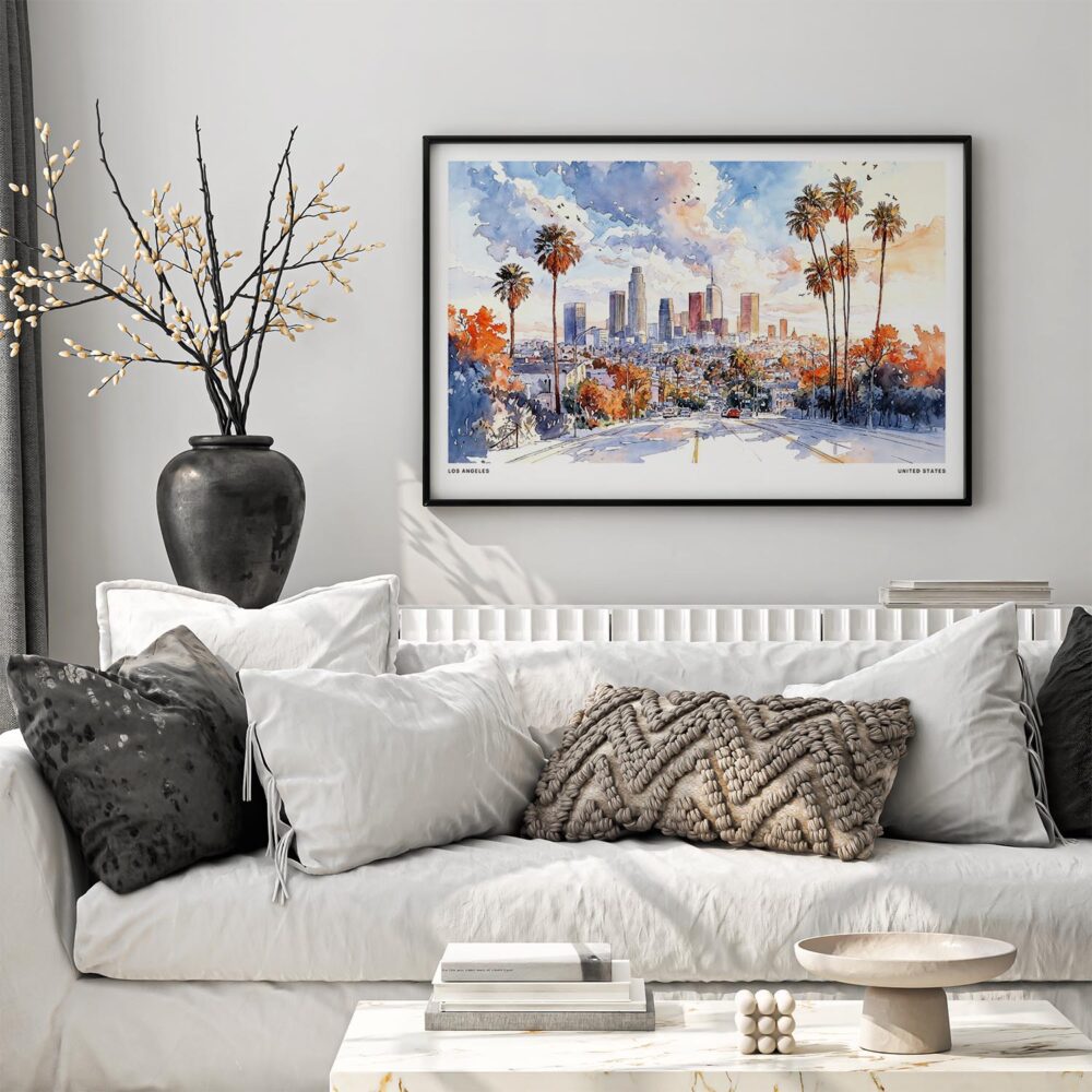 02 - Black Framed Los Angeles Skyline Watercolor - Horizontal Art Print in Scandi Living Room Above Couch.jpg 02 - Black Framed Los Angeles Skyline Watercolor - Horizontal Art Print in Scandi Living Room Above Couch.jpg