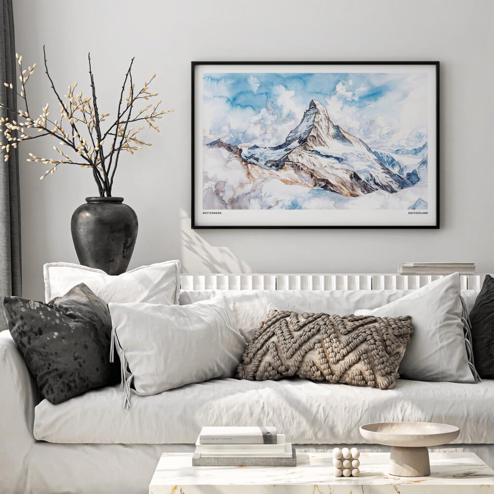 02 - Black Framed Matterhorn Watercolor - Horizontal Art Print in Scandi Living Room Above Couch.jpg 02 - Black Framed Matterhorn Watercolor - Horizontal Art Print in Scandi Living Room Above Couch.jpg