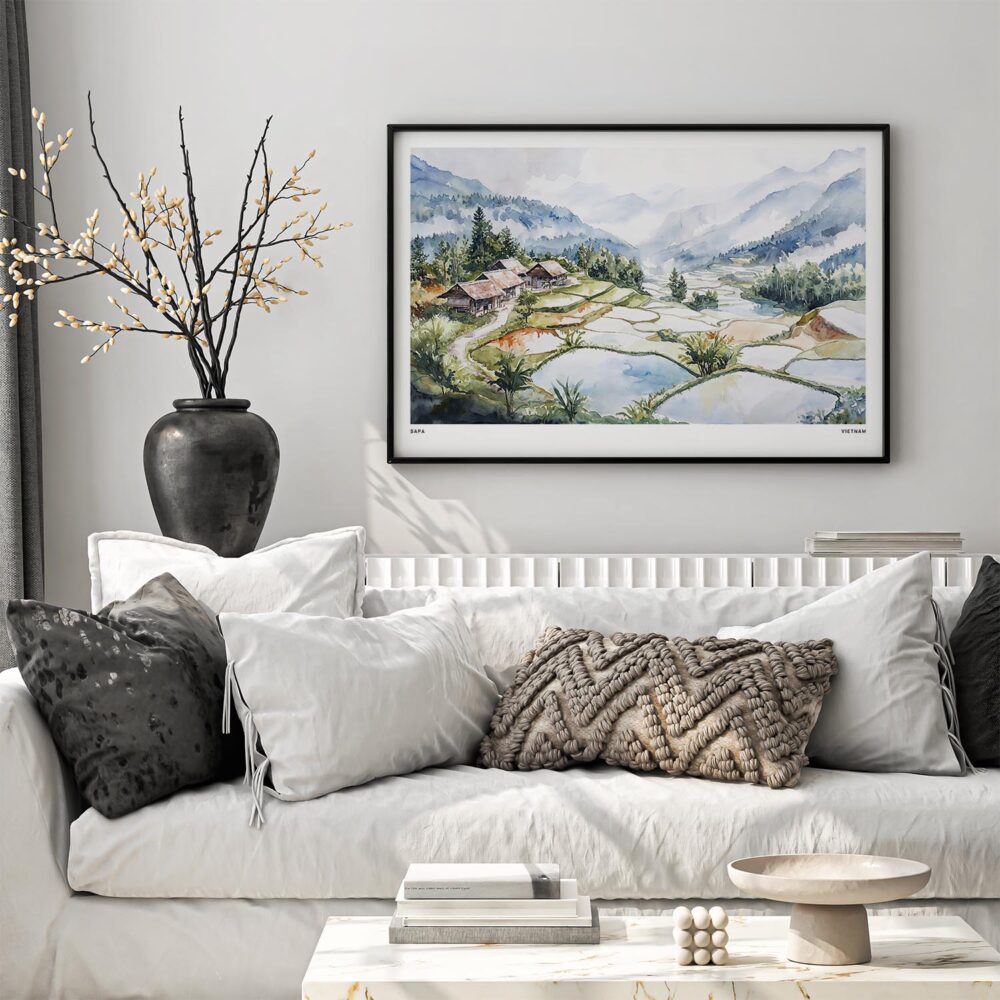 02 - Black Framed Misty Sapa Watercolor - Horizontal Art Print in Scandi Living Room Above Couch.jpg 02 - Black Framed Misty Sapa Watercolor - Horizontal Art Print in Scandi Living Room Above Couch.jpg