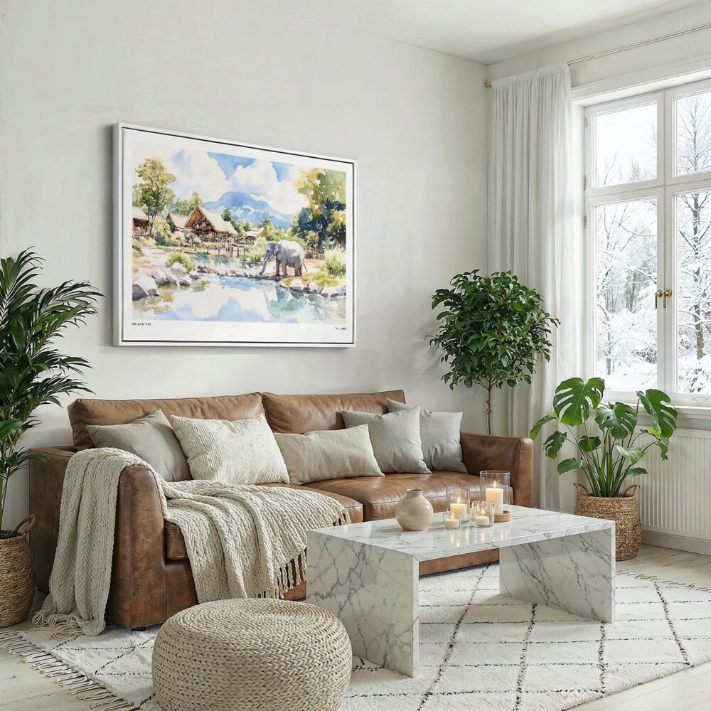 02 - Chiang Mai Thailand Watercolor - Horizontal Canvas Print with White Floater Frame above Leather Couch.jpg 02 - Chiang Mai Thailand Watercolor - Horizontal Canvas Print with White Floater Frame above Leather Couch.jpg