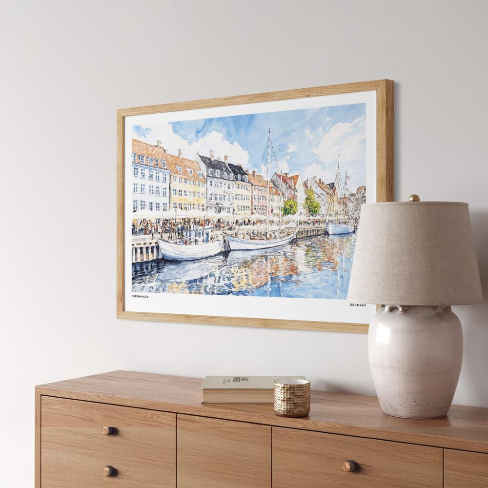 02 - Copenhagen Denmark Harbor Watercolor - Horizontal Art Print in Natural Wood Frame Above Console.jpg 02 - Copenhagen Denmark Harbor Watercolor - Horizontal Art Print in Natural Wood Frame Above Console.jpg