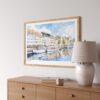 02 - Copenhagen Denmark Harbor Watercolor - Horizontal Art Print in Natural Wood Frame Above Console.jpg