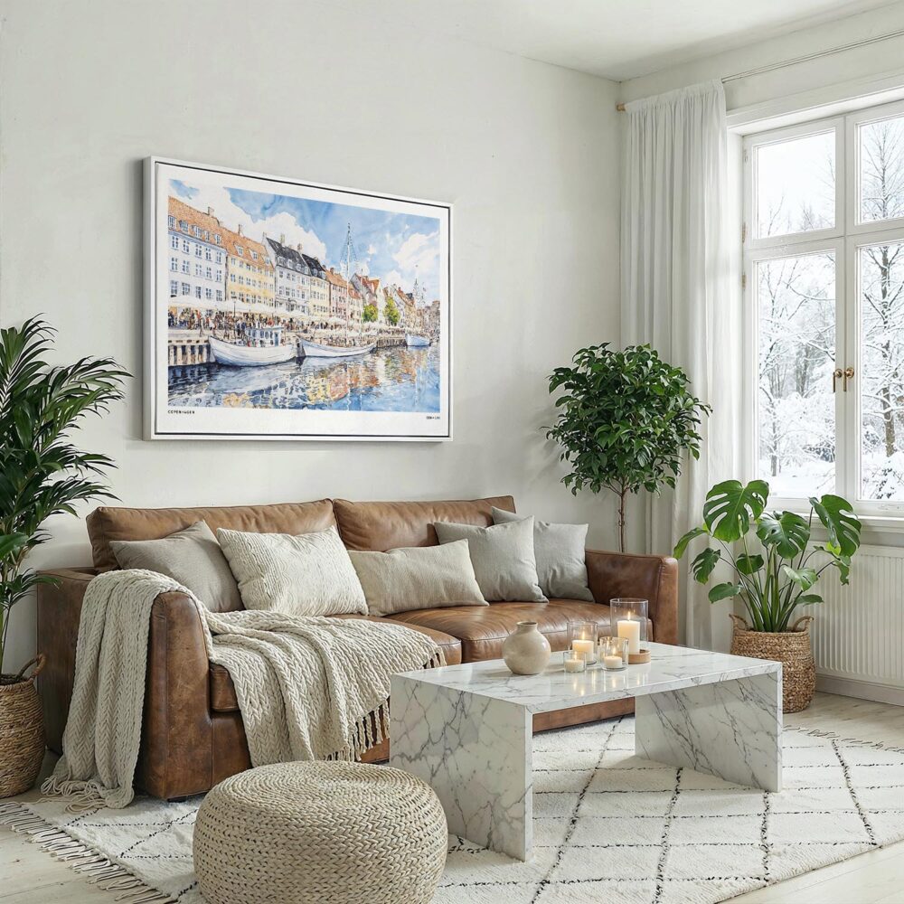 02 - Copenhagen Denmark Harbor Watercolor - Horizontal Canvas Print with White Floater Frame above Leather Couch.jpg 02 - Copenhagen Denmark Harbor Watercolor - Horizontal Canvas Print with White Floater Frame above Leather Couch.jpg