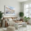 02 - Copenhagen Denmark Harbor Watercolor - Horizontal Canvas Print with White Floater Frame above Leather Couch.jpg