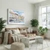 02 - Copenhagen Denmark Harbor Watercolor - Horizontal Canvas Print with White Floater Frame above Leather Couch.jpg