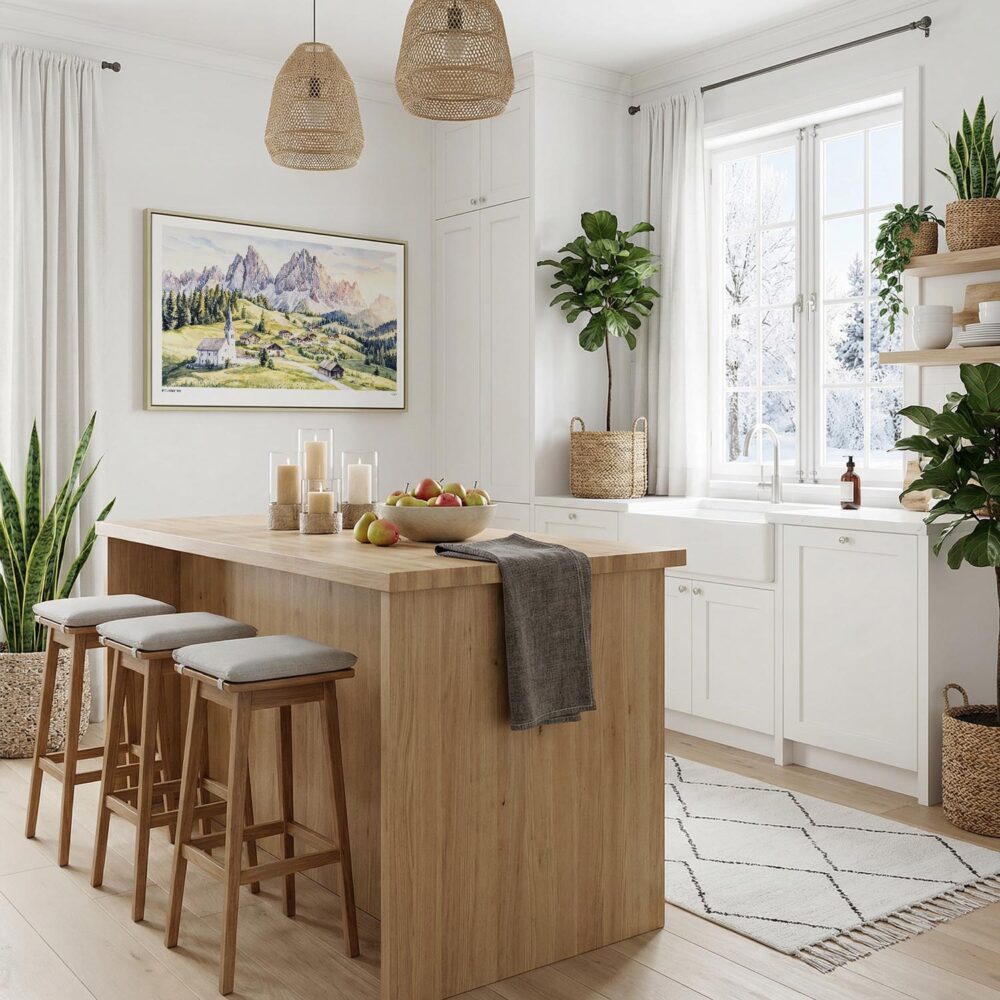 02 - Dolomites Watercolor - Horizontal Canvas Print with Natural Floater Frame in Kitchen.jpg 02 - Dolomites Watercolor - Horizontal Canvas Print with Natural Floater Frame in Kitchen.jpg