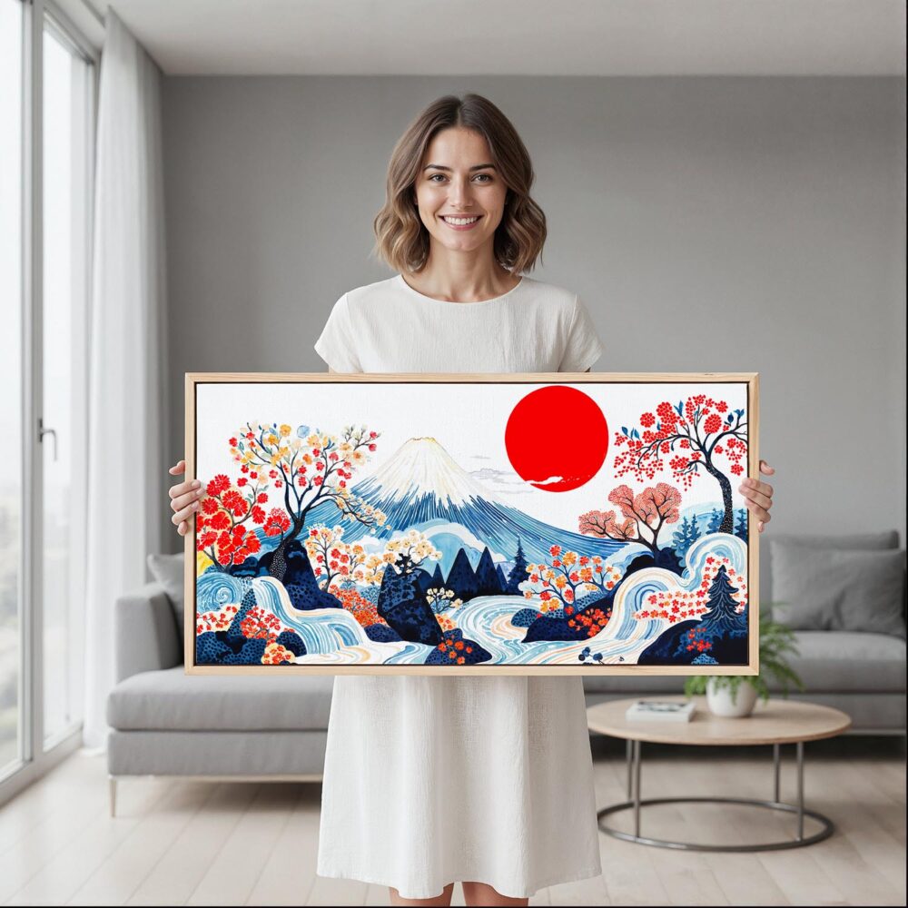 02 - Framed Abstract Japanese Landscape with Mount Fuji Art - Panorama Canvas Print - Woman in contemporary Living Room.jpg 02 - Framed Abstract Japanese Landscape with Mount Fuji Art - Panorama Canvas Print - Woman in contemporary Living Room.jpg