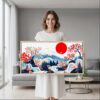 02 - Framed Abstract Japanese Landscape with Mount Fuji Art - Panorama Canvas Print - Woman in contemporary Living Room.jpg