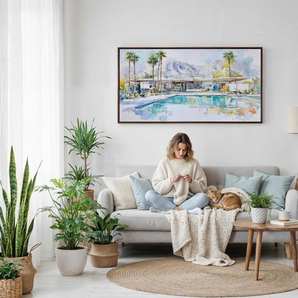 02 - Framed Abstract Midcentury Palm Springs Watercolor - Panorama Canvas Print - Woman Knitting on Sofa.jpg 02 - Framed Abstract Midcentury Palm Springs Watercolor - Panorama Canvas Print - Woman Knitting on Sofa.jpg