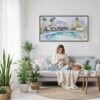 02 - Framed Abstract Midcentury Palm Springs Watercolor - Panorama Canvas Print - Woman Knitting on Sofa.jpg