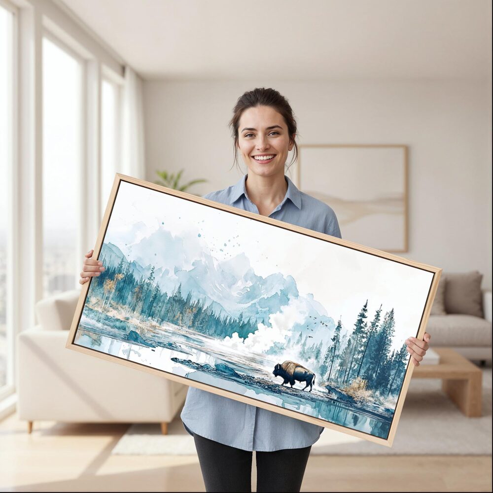 02 - Framed Cold Yellowstone Bison Watercolor - Panorama Canvas Print - Woman in Living Room.jpg 02 - Framed Cold Yellowstone Bison Watercolor - Panorama Canvas Print - Woman in Living Room.jpg