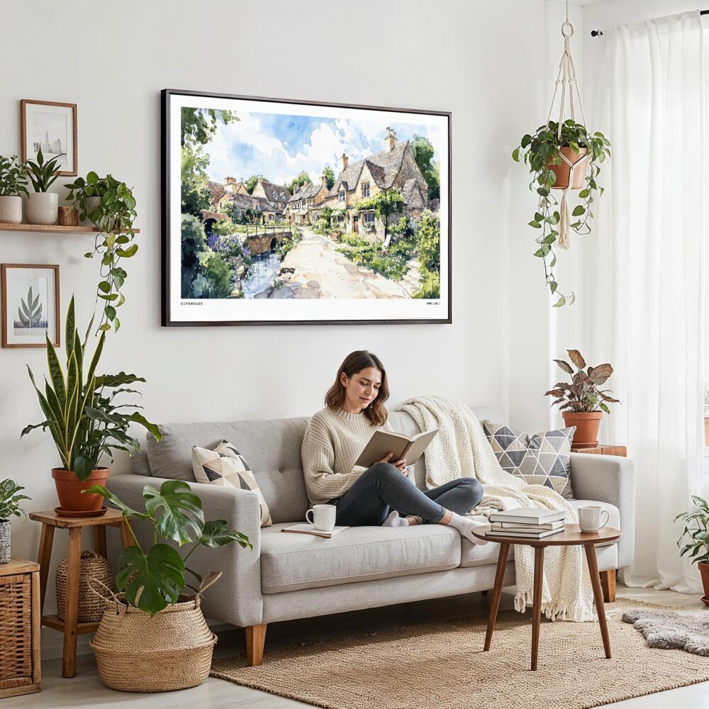 02 - Framed Cotswolds England Watercolor - Horizontal Canvas Print - Boho Living Room with Woman reading.jpg 02 - Framed Cotswolds England Watercolor - Horizontal Canvas Print - Boho Living Room with Woman reading.jpg