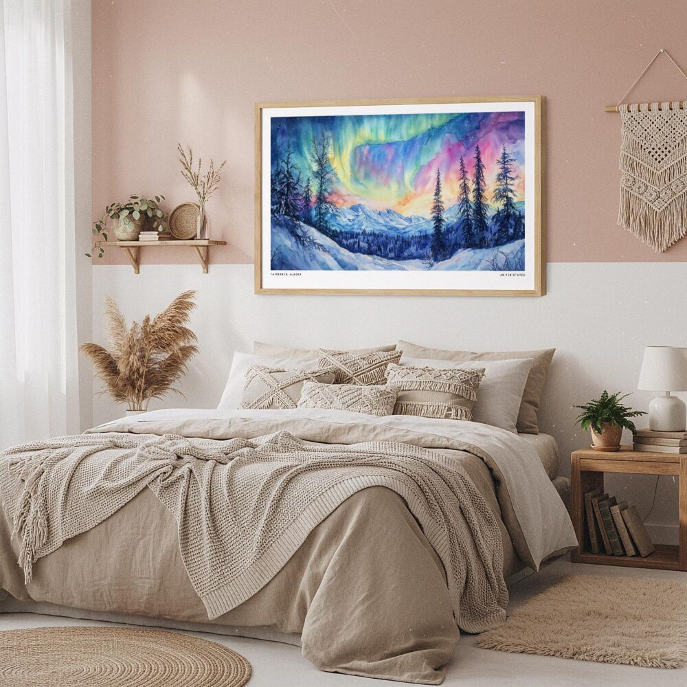 02 - Framed Fairbanks Alaska Northern Lights Watercolor - Horizontal Art Print in Boho Bedroom.jpg 02 - Framed Fairbanks Alaska Northern Lights Watercolor - Horizontal Art Print in Boho Bedroom.jpg