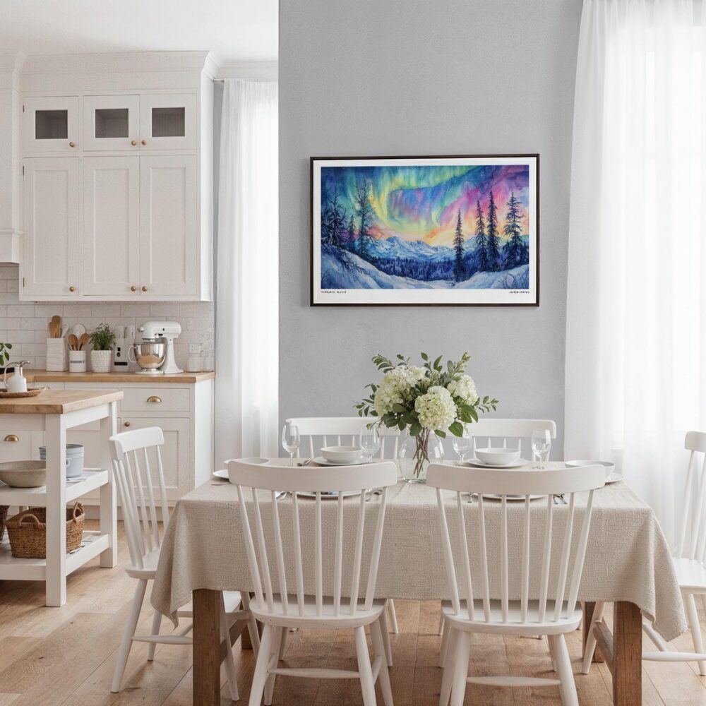 02 - Framed Fairbanks Alaska Northern Lights Watercolor - Horizontal Canvas Print - Coastal Kitchen.jpg 02 - Framed Fairbanks Alaska Northern Lights Watercolor - Horizontal Canvas Print - Coastal Kitchen.jpg