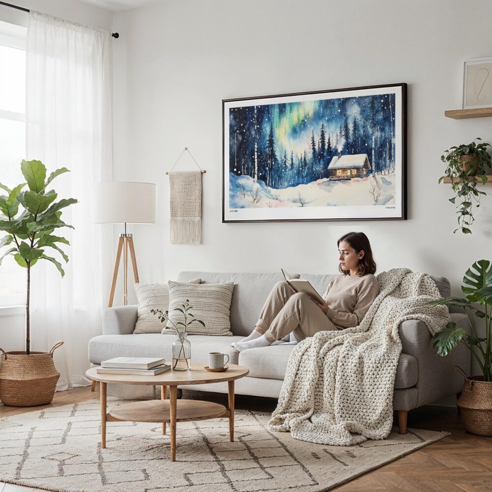 02 - Framed Finland Lapland Aurora Watercolor - Horizontal Canvas Print - Scandi Living Room.jpg 02 - Framed Finland Lapland Aurora Watercolor - Horizontal Canvas Print - Scandi Living Room.jpg